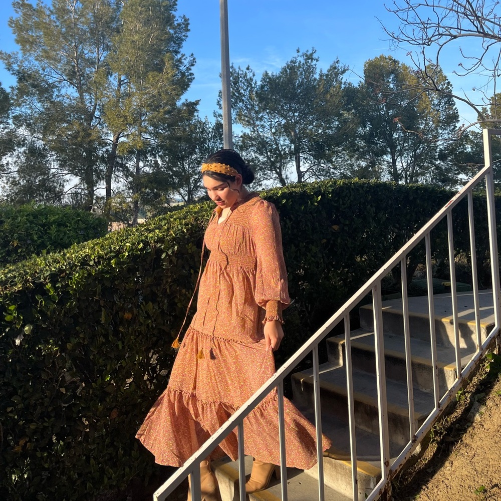 Shirred Floral Midi Dress